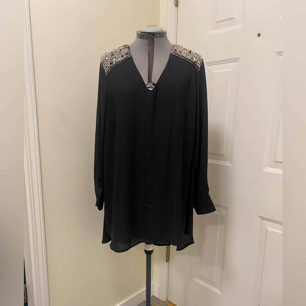 Striking 2X Melissa McCarthy Seven7 Black Embellished Jewels Sheer Top